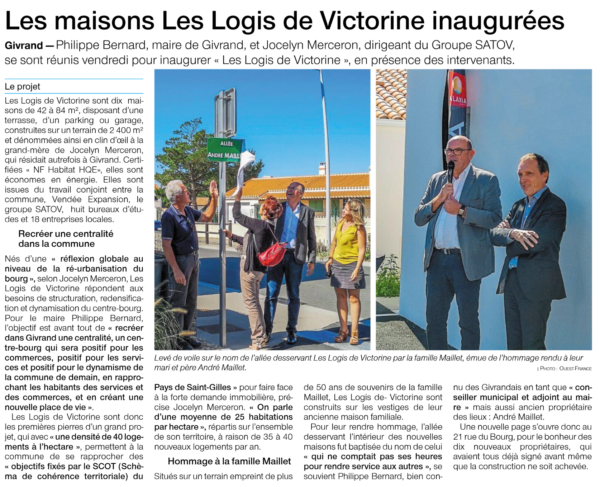 Article Ouest France 19.09.19 - Inauguration des Logis de Victorine